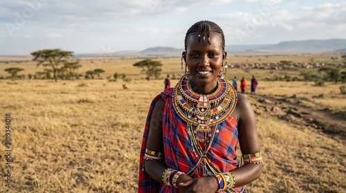 Smiling Maasai Woman in Traditional Attire in African Savannah