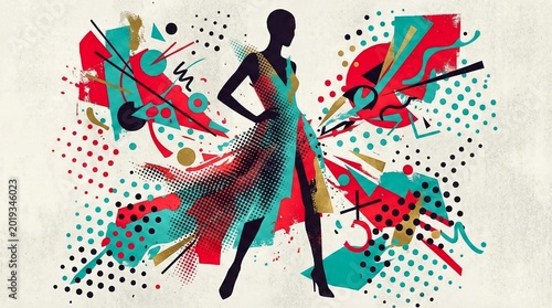 Fashion Silhouette with Abstract Geometric and Halftone Design