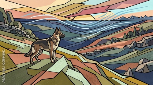 German Shepherd Dog in Stylized Abstract Landscape at Sunset