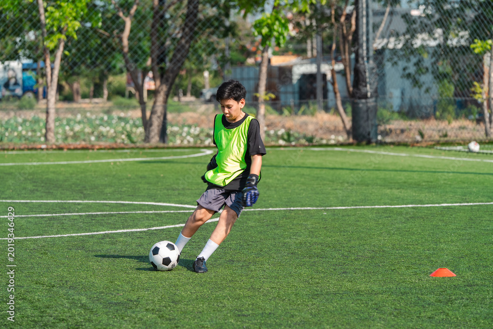 Obraz premium World cup concept with soccer ball or football player, youth soccer player on green field practicing kick with ball in sunny outdoor training session