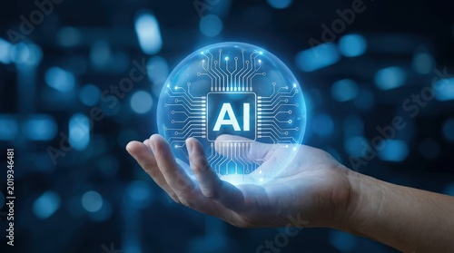 Artificial intelligence concept with ai chip in glowing sphere held by human hand