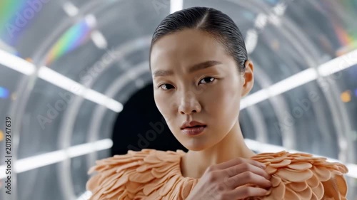 Futuristic asian model portrait in sculptural peach petal dress, glowing tunnel lights, crossed arms, sleek hair, and high fashion cinematic runway inspired atmosphere for premium avant garde image