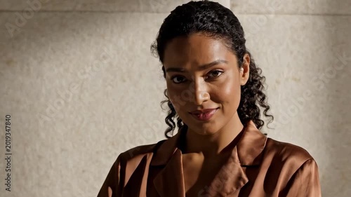 Confident asian model portrait with curly hair, satin brown blouse, warm stone wall, subtle smile, dramatic side light, and refined contemporary fashion editorial mood for premium lifestyle image