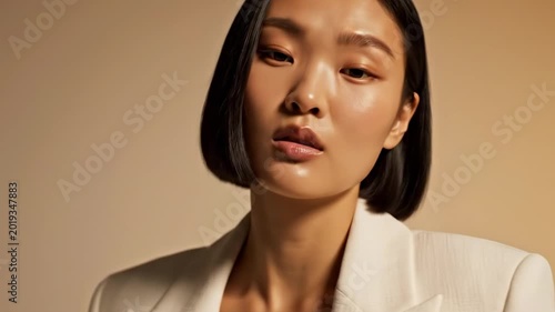 Minimal asian model portrait with sleek bob haircut, ivory blazer, warm beige studio light, soft glossy skin, calm expression, and refined clean beauty editorial styling for premium fashion image