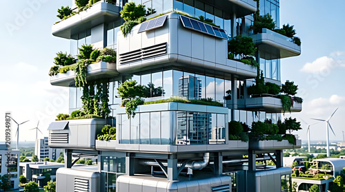 Futuristic green building with balconies and plants