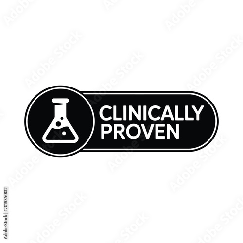 clinically proven label with flask icon black and white vector graphic