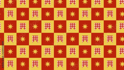 Seamless Festa Junina red and yellow checkered pattern with bunting flags and star icons for Sao Joao party background