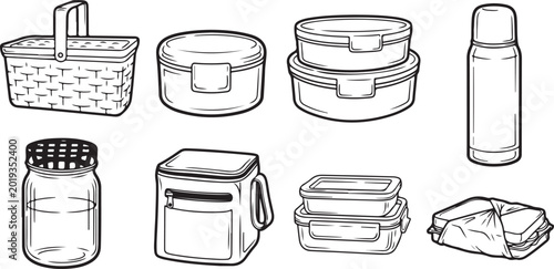 Set of seven different metal lunch boxes with utensils isolated vector illustration Vector
