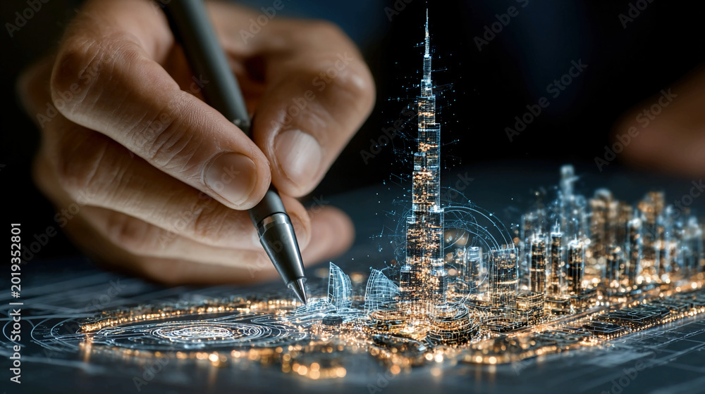 Obraz premium Architectural hologram design of skyscraper cityscape visualization architect sketching blueprints futuristic urban planning digital design professional architectural presentation AI-generated image