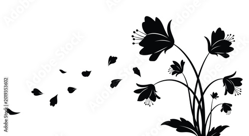 Black floral silhouette with falling petals
