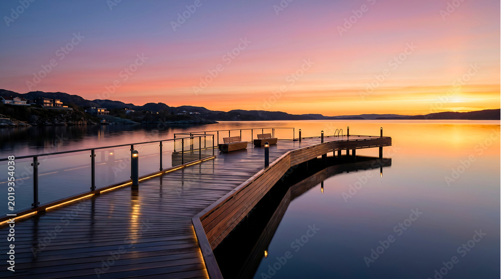 Fototapeta premium Vibrant Sunset Over Serene Lake with Illuminated Modern Pier