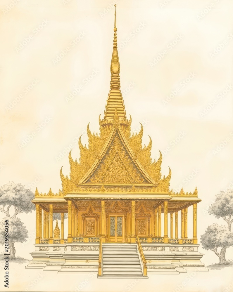 Obraz premium Beautiful architectural illustration of a sacred khmer temple with golden ornaments