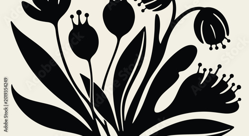 Black silhouette of flowers and leaves on gray background