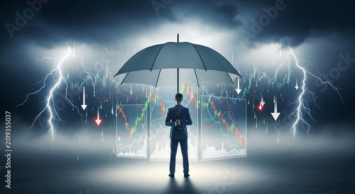 Financial risk management concept with businessman holding umbrella, stock market crash with falling arrows, economic crisis protection in storm