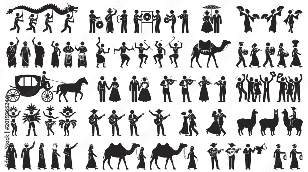 Obraz premium Wedding Procession Around World Silhouettes Sets Packs, Editable Vector Stroke Illustrations. containing silhouette, culture, tradition, wedding, music, dance, animal and more Weddings silhouettes