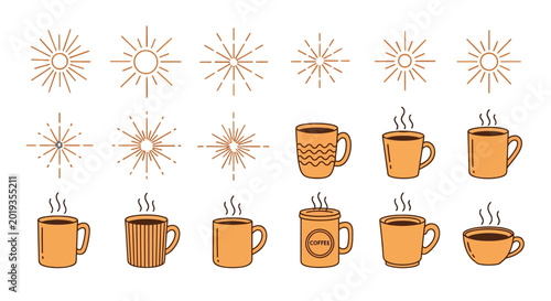 Coffee Cup and Sunburst Sparkle Vector Illustration Icon Set Collection