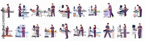 Bild auf Leinwand Collection of vector illustrations depicting medical professionals performing various diagnostic ultrasound examinations on patients using modern sonography equipment