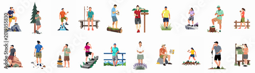 Fotografie Collection of diverse hikers and outdoor enthusiasts enjoying macadamia nut snacks while exploring various scenic natural landscapes and trails