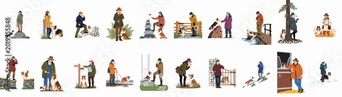 Foto Collection of flat illustrations depicting various characters in country attire exploring the outdoors and farm environments with their loyal collie dogs