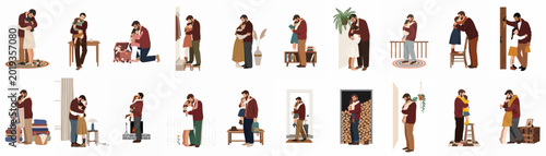 Bild auf Leinwand A collection of illustrations depicting various heartfelt and affectionate moments between a father and his young daughter in different daily life settings