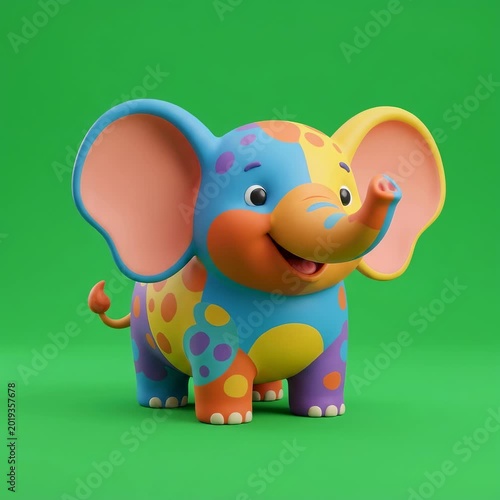 Colorful toy elephant on green background.