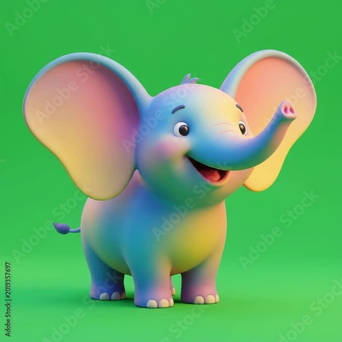 Colorful cartoon elephant on green background.