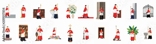Bild auf Leinwand Set of Altar Boys in Traditional Liturgical Vestments Performing Various Tasks i