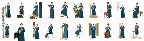 Foto Collection of flat minimalist illustrations featuring a woman in a teal dress playing the oboe in various poses and musical settings