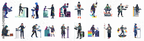 Bild auf Leinwand A collection of twenty colorful and futuristic illustrations showing various DJs and music producers with professional audio equipment and modern streetwear