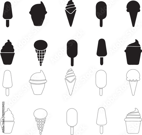 Black Silhouette and Line Art Ice Cream and Frozen Dessert Icon Set Collection