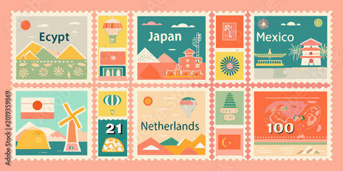 Collection of colorful postage stamps featuring iconic landmarks and country names high quality professional detailed