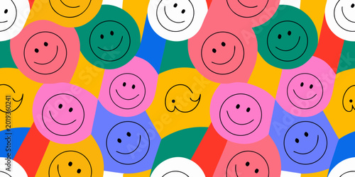 Repeating pattern of colorful smiley faces with black lines on a vibrant background high quality