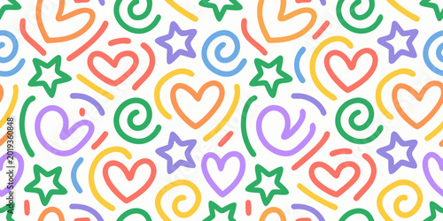 Colorful pattern of hearts stars swirls and squiggles on a white background high quality professional