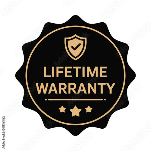 lifetime warranty badge with shield icon black and gold design on white background