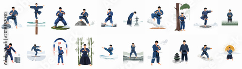 Tableau sur toile A comprehensive collection of 20 martial arts illustrations showcasing a man in a blue uniform performing various combat techniques and meditative poses