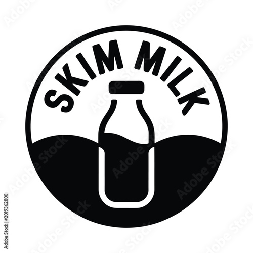 Fotografía Skim milk label black and white circular emblem with bottle silhouette