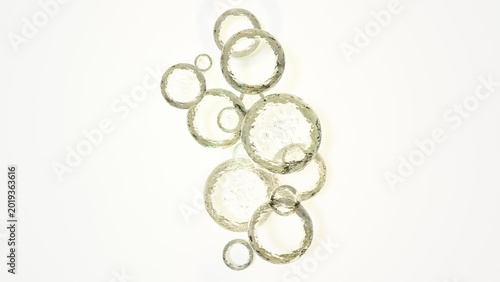 Foto 黄金色の水滴とリングの3D抽象オブジェクト 泡の入った液体のグラフィック素材 / Golden water drops and ring 3D abstract