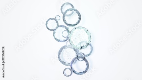 Foto 青い水滴とリングの3D抽象オブジェクト 泡の入った液体のグラフィック素材 / Blue water drops and ring 3D abstract obj