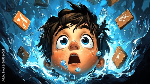 Anxious Cartoon Boy Submerged in Water with Floating Mystery Blocks