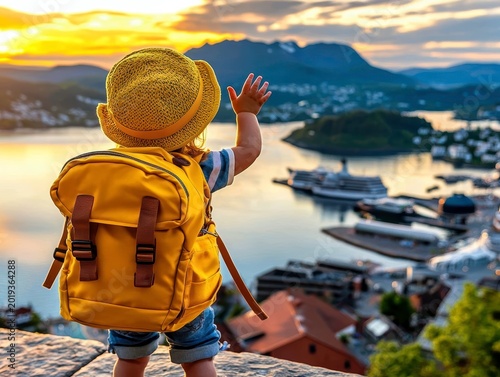 Little Adventurer with Backpack Admiring Sunset Over Scenic Fjord Town