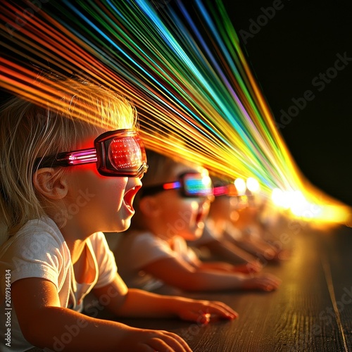 Excited Children in Futuristic VR Goggles Immersed in Colorful Digital Light Experience