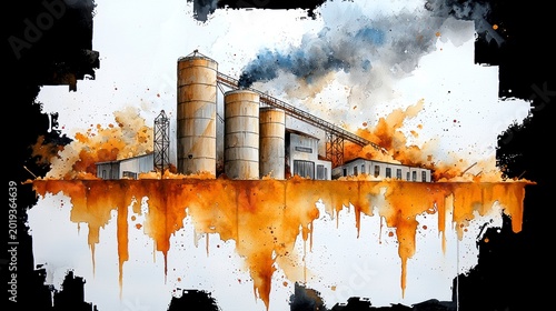 Abstract Watercolor Industrial Pollution Art with Smoke Emissions