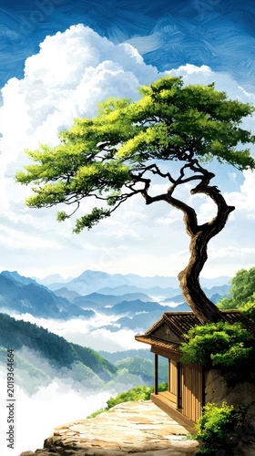 Zen Mountain Landscape with Traditional Japanese House and Gnarled Pine Tree Digital Art