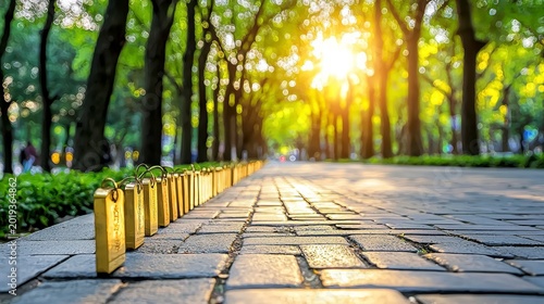 Golden Love Locks on Park Path at Sunrise, Symbol of Enduring Romance