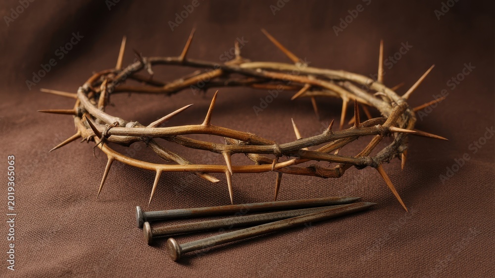 Fototapeta premium Crown of thorns and nails on a brown textured background