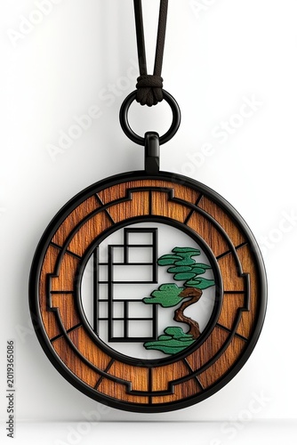 Zen Wood and Bonsai Tree Asian Pendant on White Background