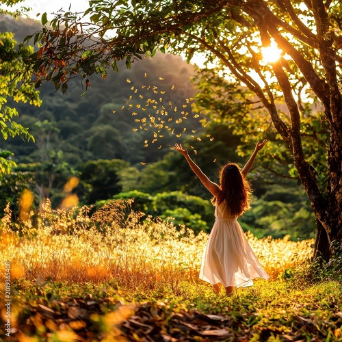 Young Woman Embracing Golden Sunset in Serene Nature Landscape