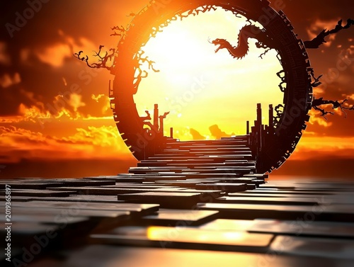 Mystical Dragon Gate Pathway to Golden Sunset
