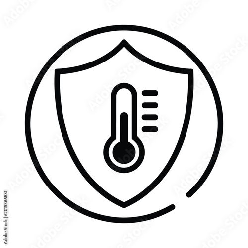 thermometer shield icon black line art symbol on white background