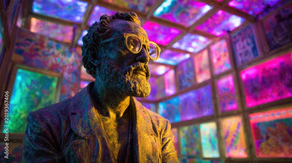 Obraz premium Bronze statue with glasses in vibrant neon art gallery interior